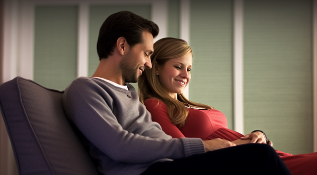 mężczyzna i kobieta w ciąży siedzą na kanapie