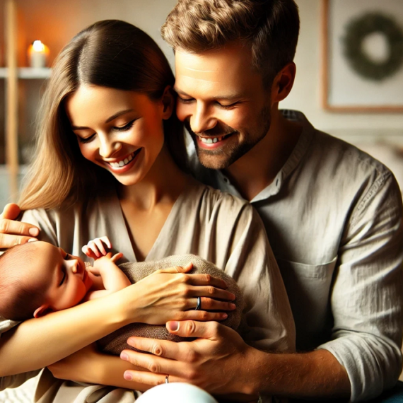 młodzi rodzice trzymają noworodka w ramionach